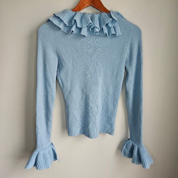 Yarns by Mododoc Pastel Blue Ruffle Wool Top Womens Medium Bell Sleeve Y2K Fairy - Picture 6 of 11
